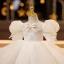 Elegant Beige Pearl Bow Birthday Flower Girl Dresses 2022 Ball Gown Scoop Neck Puffy Short Sleeve Short Flower Girl Dresses