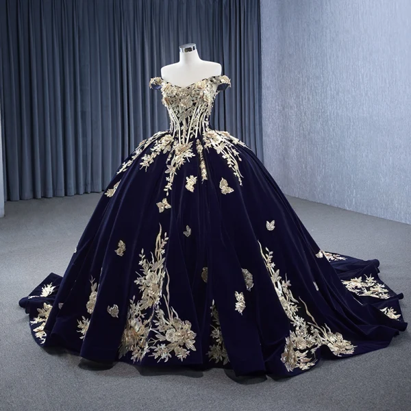 Vintage / Retro High-end Navy Blue Pearl Lace Flower Prom Dresses 2023 Ball Gown Off-The-Shoulder Sleeveless Backless Sweep Train Prom Formal Dresses