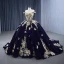 Vintage / Retro High-end Navy Blue Pearl Lace Flower Prom Dresses 2023 Ball Gown Off-The-Shoulder Sleeveless Backless Sweep Train Prom Formal Dresses