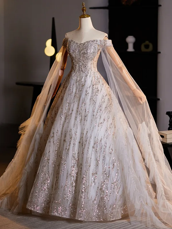 Luxury / Gorgeous Gold Beading Sequins Prom Dresses Ball Gown 2024 Off-The-Shoulder Long Sleeve Backless Floor-Length / Long Prom Formal Dresses