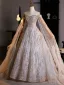 Luxury / Gorgeous Gold Beading Sequins Prom Dresses Ball Gown 2024 Off-The-Shoulder Long Sleeve Backless Floor-Length / Long Prom Formal Dresses