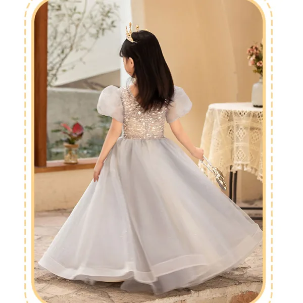 Chic / Beautiful Grey Beading Sequins Birthday Flower Girl Dresses 2022 A-Line / Princess V-Neck Puffy Short Sleeve Floor-Length / Long