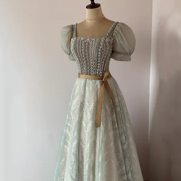 Illusion Gris Perlage Perle Faux Diamant Robe De Soirée 2023 Princesse Encolure Carrée Manches Courtes Dos Nu Noeud Ceinture Longue Soirée Robe De Ceremonie
