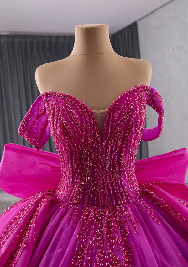 High-end Fuchsia Beading Sequins Cascading Ruffles Prom Dresses 2025 Ball Gown Off-The-Shoulder Sleeveless Backless Bow Chapel Train Prom Formal Dresses