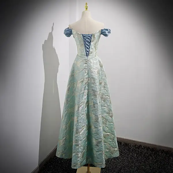 Chic / Beautiful Mint Green Printing Prom Dresses 2022 A-Line / Princess Off-The-Shoulder Pearl Bow Sleeveless Backless Floor-Length / Long Prom Formal Dresses