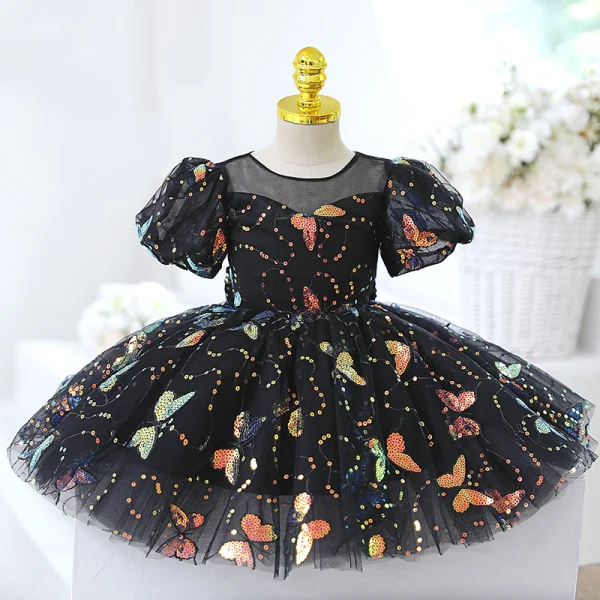 Chic / Belle Noire Papillon Paillettes Anniversaire Robe Ceremonie Fille 2023 Encolure Dégagée Manches Courtes Courte Robe Ceremonie Fille