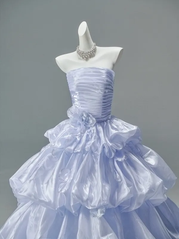 High-end Fashion Sky Blue Glitter Appliques Cascading Ruffles Prom Dresses 2026 Ball Gown Strapless Sleeveless Backless Court Train Formal Dresses