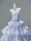 High-end Fashion Sky Blue Glitter Appliques Cascading Ruffles Prom Dresses 2026 Ball Gown Strapless Sleeveless Backless Court Train Formal Dresses