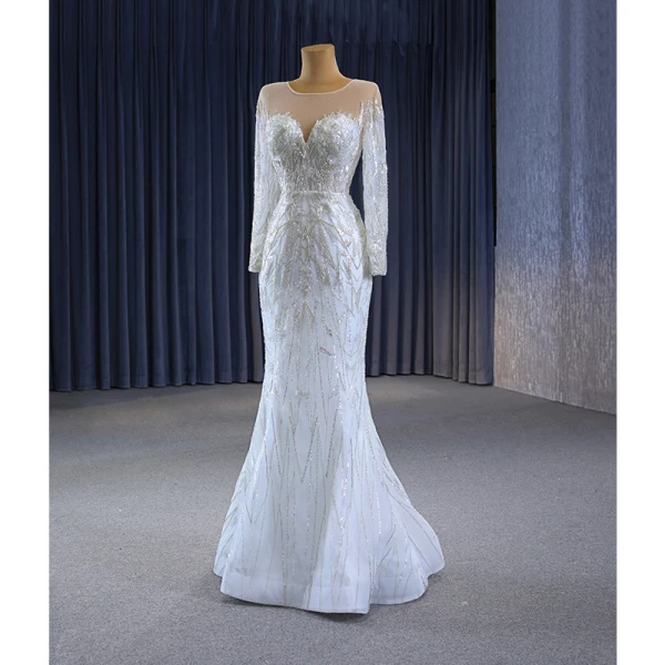 High-end White Handmade  Beading Sequins Wedding Dresses 2023 Trumpet / Mermaid Scoop Neck Long Sleeve Court Train Wedding
