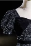Scintillantes Noire Paillettes Robe De Bal 2024 Princesse Encolure Carrée Noeud Manches Courtes Dos Nu Longue Promo Robe De Ceremonie