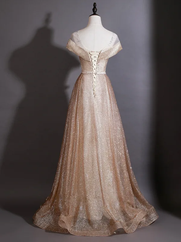 Dazzling Gold Sequins Rhinestone Bow Sash Evening Dresses 2026 A-Line / Princess Scoop Neck Cap Sleeves Backless