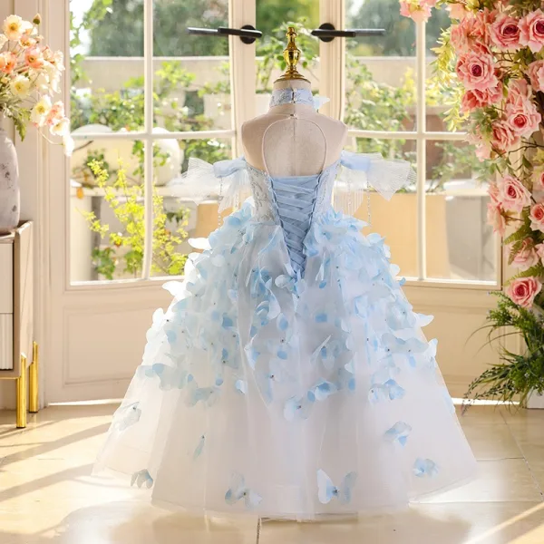 Flower Fairy Sky Blue Beading Pearl Butterfly Birthday Flower Girl Dresses 2025 Ball Gown Scoop Neck Sleeveless Backless Floor-Length / Long