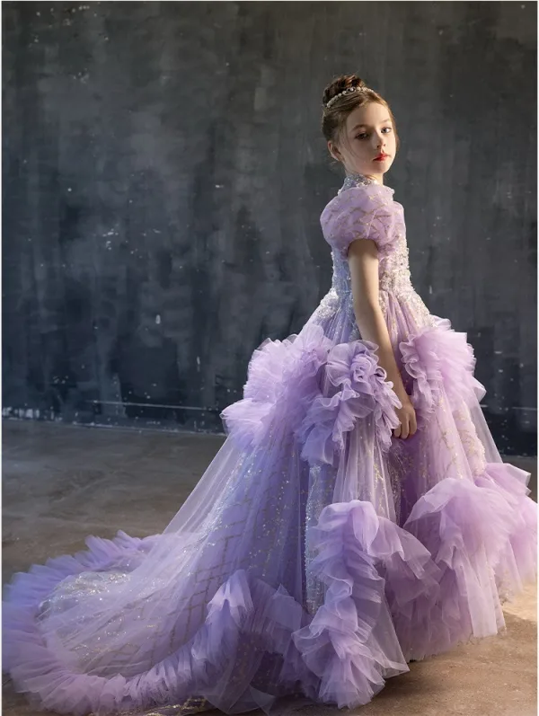 Elegant Lavender Beading Pearl Sequins Birthday Flower Girl Dresses 2025 Ball Gown High Neck Puffy Short Sleeve Backless Sweep Train