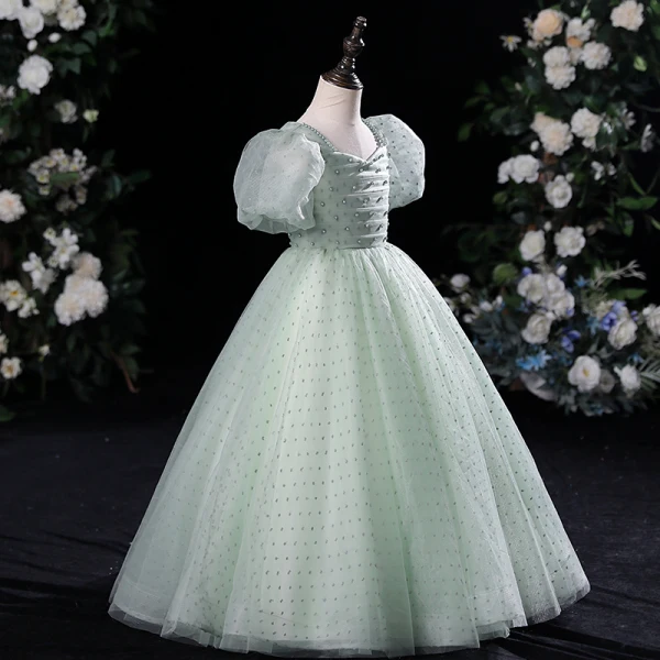 Modest / Simple Sage Green Pearl Birthday Flower Girl Dresses 2024 Ball Gown Square Neckline Short Sleeve Floor-Length / Long