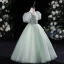 Modest / Simple Sage Green Pearl Birthday Flower Girl Dresses 2024 Ball Gown Square Neckline Short Sleeve Floor-Length / Long