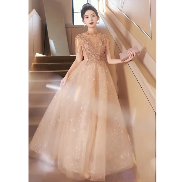 Charming Champagne Beading Tassel Sequins Evening Dresses 2023 A-Line / Princess Scoop Neck Backless Short Sleeve Floor-Length / Long Evening Party Formal Dresses