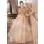 Charming Champagne Beading Tassel Sequins Evening Dresses 2023 A-Line / Princess Scoop Neck Backless Short Sleeve Floor-Length / Long Evening Party Formal Dresses