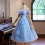 Chic / Beautiful Sky Blue Glitter Pearl Appliques Graduation Dresses 2024 Ball Gown Off-The-Shoulder Short Sleeve Backless Tea-length Sweet 16 Homecoming