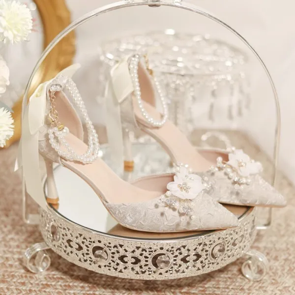 Elegant White Pearl Rhinestone Appliques Wedding Shoes 2024 8 cm Stiletto Heels Pointed Toe Wedding Sandals High Heels