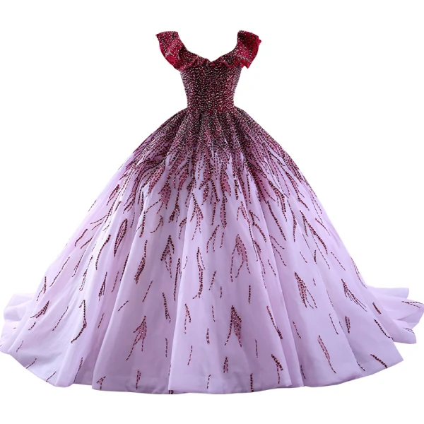 High-end Gradient-Color Burgundy Handmade  Beading Prom Dresses 2023 Ball Gown V-Neck Sleeveless Backless Floor-Length / Long Formal Dresses