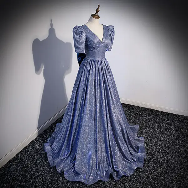 Sparkly Ocean Blue Glitter Evening Dresses 2022 A-Line / Princess V-Neck Short Sleeve Backless Bow Sweep Train Evening Party Formal Dresses