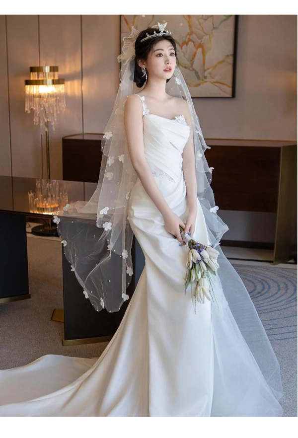 Charmant Légère Blanche En Dentelle Fleur Satin Robe De Mariée 2024 Trompette / Sirène Bretelles Spaghetti Sans Manches Dos Nu Train De Balayage Mariage
