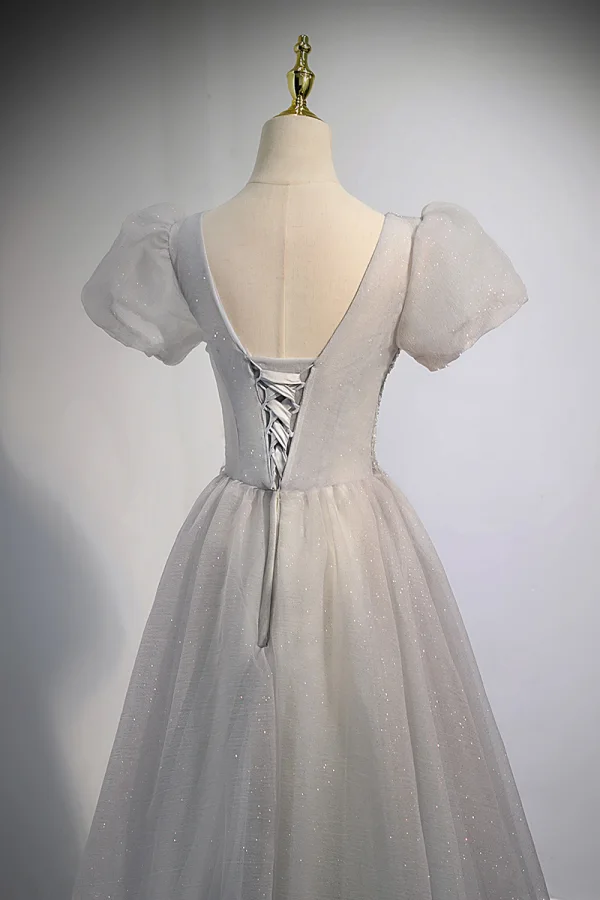 Elegant Grey Beading Sequins Prom Dresses 2022 A-Line / Princess V-Neck Puffy Short Sleeve Backless Floor-Length / Long Prom Formal Dresses