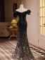Sexy Black Sequins Evening Dresses 2024 Trumpet / Mermaid Off-The-Shoulder Short Sleeve Backless Floor-Length / Long Evening Party Formal Dresses
