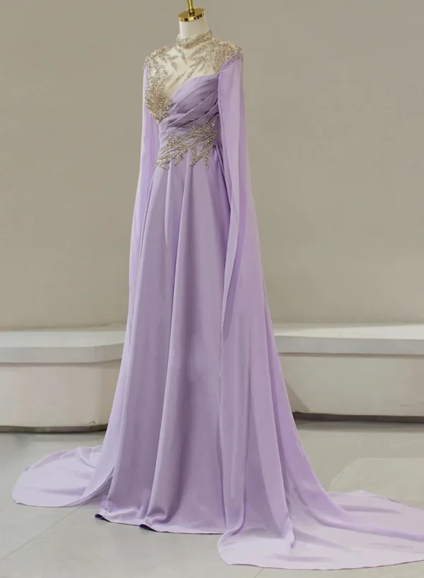 Chinesischer Stil Lavendel Perlenstickerei Pailletten Ballkleider 2026 A Linie Stehkragen Lange Ärmel Sweep / Pinsel Zug Festliche Kleider