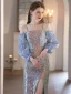 Scintillantes Bleu Ciel Paillettes Robe De Soirée 2023 Trompette / Sirène Bretelles Spaghetti 3/4 Manches Dos Nu Fendue devant Longue Soirée Robe De Ceremonie