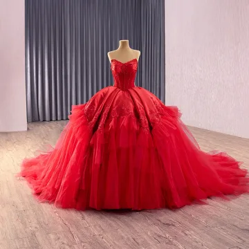 Haut De Gamme Rouge Perlage Faux Diamant En Dentelle Fleur Robe De Mariée 2025 Robe Boule Bustier Sans Manches Dos Nu Chapel Train