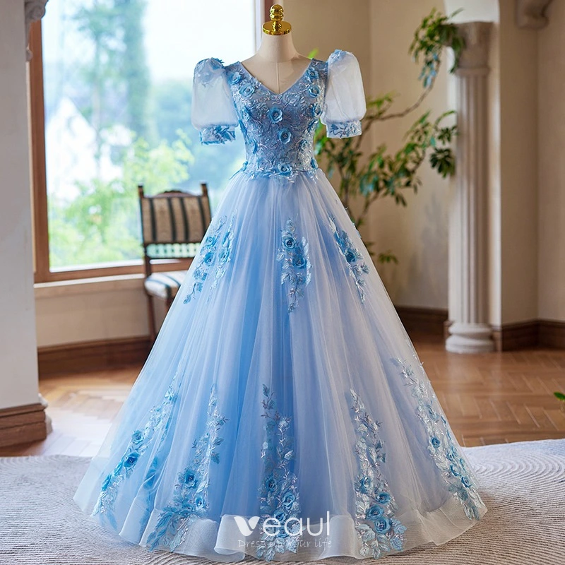 Chic Beautiful Sky Blue Appliques Lace Flower Prom Dresses 2024 Ball Gown V Neck Short Sleeve Backless Floor Length Long Prom Formal Dresses