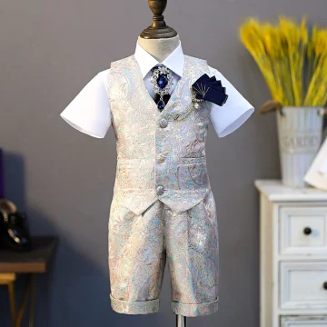 Chic Beautiful Printing Short Sleeve Boys Wedding Suits 2022 5 Piece Body Jewellery Pants Shirt Tie Vest