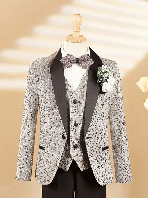 Bling Bling Grey Fall Winter 6-piece Sequins Long Sleeve Boys Wedding Suits 2025 Body Jewellery Coat Pants Shirt Tie Vest