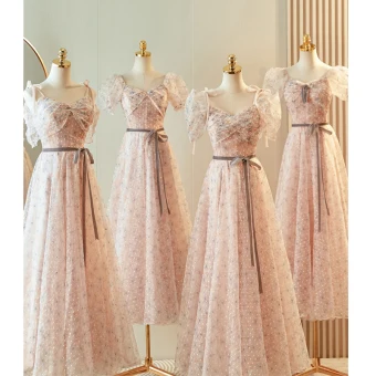 Chic Beautiful Blushing Pink Bridesmaid Dresses 2023 A Line Princess Square Neckline Short Sleeve Backless Bow Sash Floor Length Long Bridesmaid Dresses