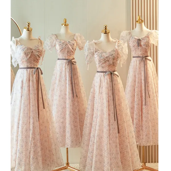 Chic / Beautiful Blushing Pink Bridesmaid Dresses 2023 A-Line / Princess Square Neckline Short Sleeve Backless Bow Sash Floor-Length / Long Bridesmaid Dresses