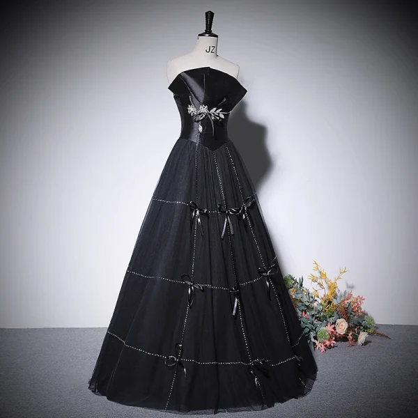 Elegant Black Pearl Bow Prom Dresses 2022 A-Line / Princess Strapless Sleeveless Backless Floor-Length / Long Prom Formal Dresses