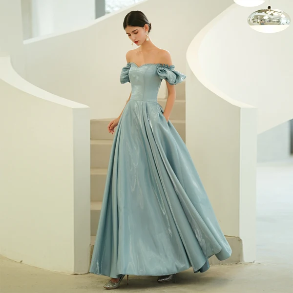 Modest / Simple Sky Blue Prom Dresses 2022 A-Line / Princess Off-The-Shoulder Puffy Short Sleeve Backless Floor-Length / Long Prom Formal Dresses
