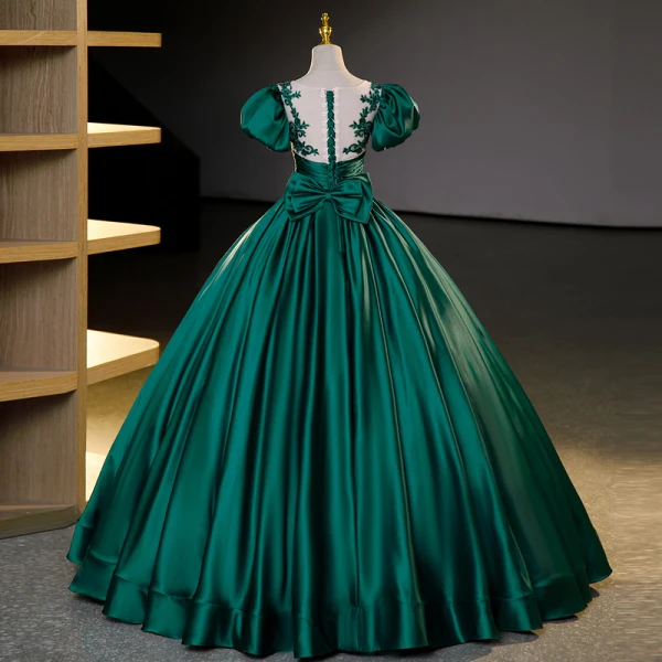 Vintage / Retro Dark Green Beading Prom Dresses 2023 Ball Gown Scoop Neck Puffy Short Sleeve Bow Floor-Length / Long Satin Prom Formal Dresses
