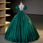 Vintage / Retro Dark Green Beading Prom Dresses 2023 Ball Gown Scoop Neck Puffy Short Sleeve Bow Floor-Length / Long Satin Prom Formal Dresses
