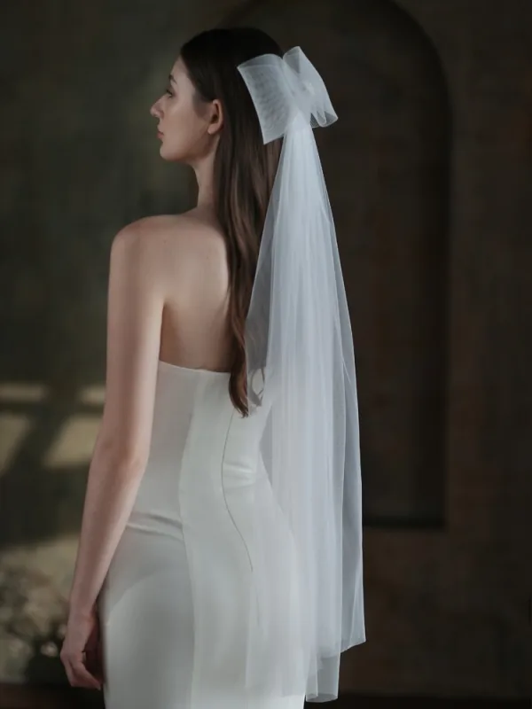 Modest / Simple White Bow 1 m Wedding Veils 2025 Tulle