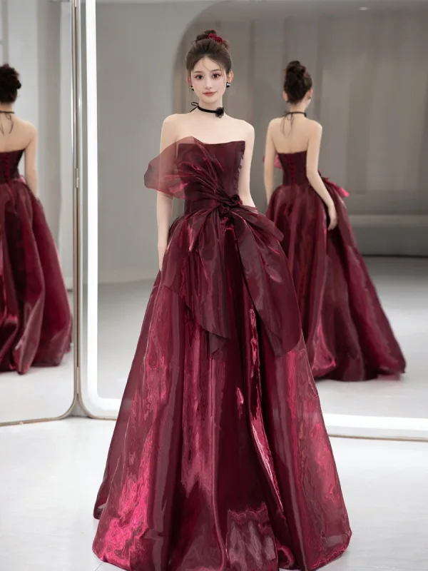 Fashion Burgundy Bow Prom Dresses 2025 A-Line / Princess Strapless Sleeveless Backless Floor-Length / Long Prom Formal Dresses