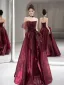Fashion Burgundy Bow Prom Dresses 2025 A-Line / Princess Strapless Sleeveless Backless Floor-Length / Long Prom Formal Dresses