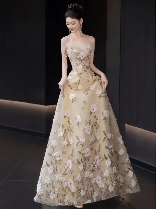 Glamorous Champagne Glitter Sequins Printing Prom Dresses 2025 A-Line / Princess Off-The-Shoulder Short Sleeve Backless Floor-Length / Long Prom Formal Dresses