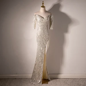 Sparkly Charming Silver Sequins Evening Dresses 2022 Trumpet Mermaid Off The Shoulder 1 2 Sleeves Backless Split Front Floor Length Long Formal Dresses