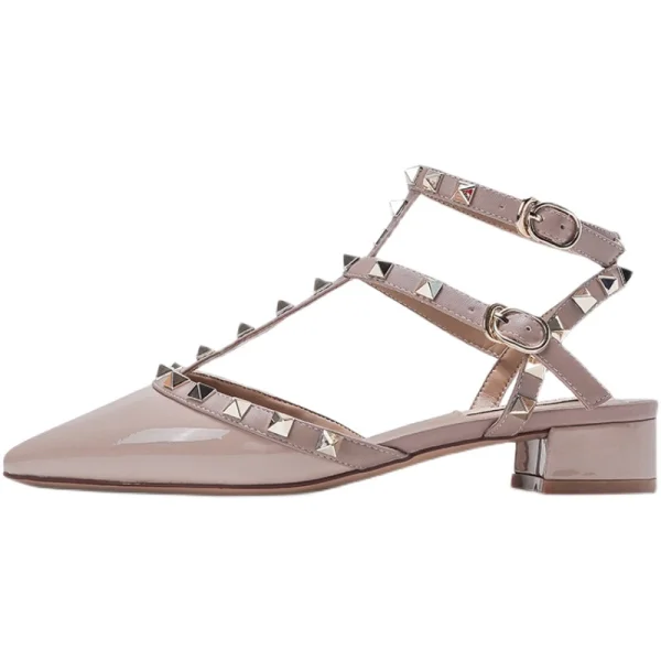 Fashion Beige Evening Party Leather Womens Shoes 2022 T-Strap Rivet 4 cm Thick Heels Low Heel Pointed Toe Womens Shoes High Heels