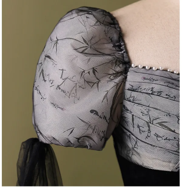 Elegant Black Printing Prom Dresses 2024 Ball Gown Square Neckline Short Sleeve Backless Floor-Length / Long Prom Formal Dresses