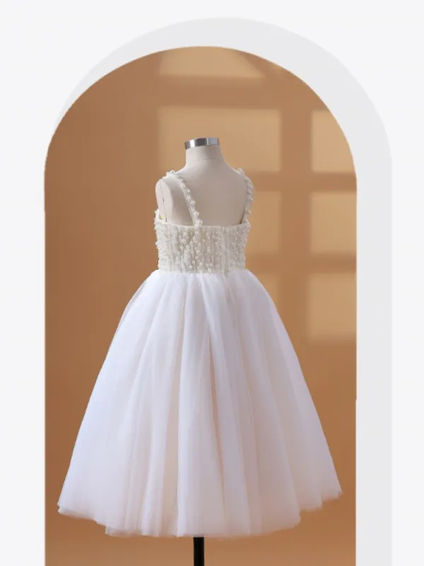 Chic / Beautiful White Beading Pearl Short Birthday Flower Girl Dresses 2024 Spaghetti Straps Sleeveless Backless