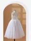 Chic / Beautiful White Beading Pearl Short Birthday Flower Girl Dresses 2024 Spaghetti Straps Sleeveless Backless