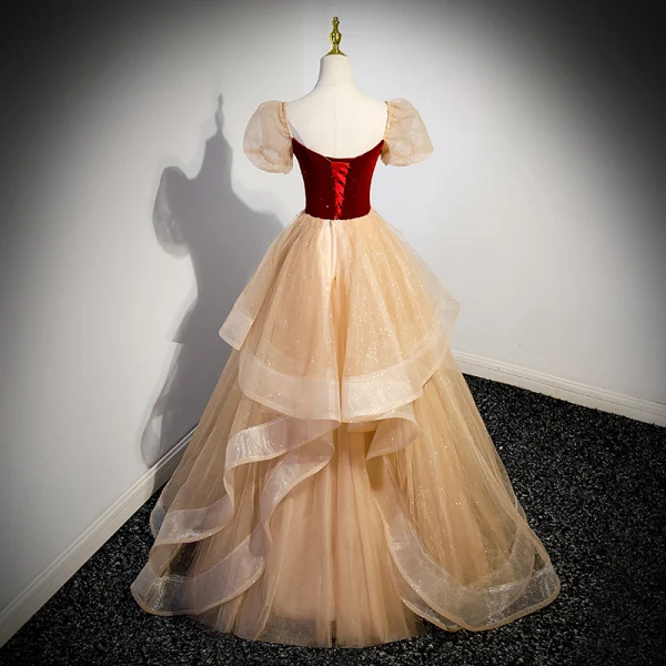 Elegant Burgundy Glitter Sequins Cascading Ruffles Prom Dresses 2023 Ball Gown Square Neckline Puffy Short Sleeve Backless Floor-Length / Long Prom Formal Dresses